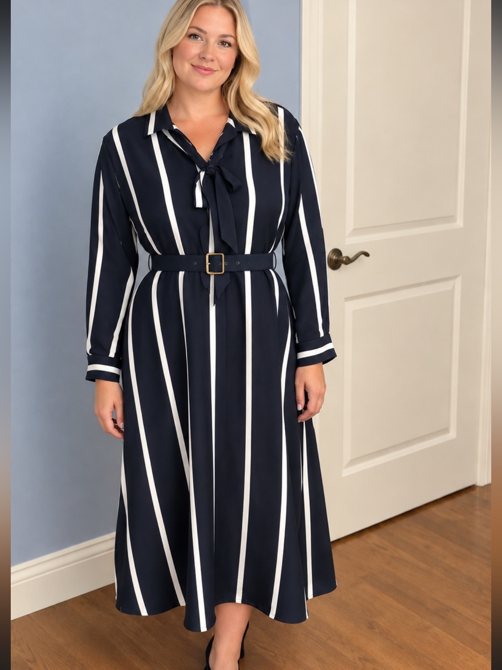Tommy Hilfiger Striped Navy and White Tie-Neck Women’s Dress without belt